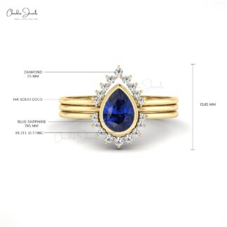 Bezel Set Stackable Ring In 14k Pure Gold Blue Sapphire And G-H Diamond Halo Rings For Her