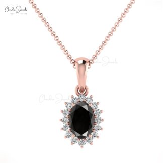 Elegant Black Diamond Dainty Halo Pendant 6x4mm Oval Cut Prong Set Bridal Pendant Genuine 14k Real Gold Hallmarked Jewelry For Gift