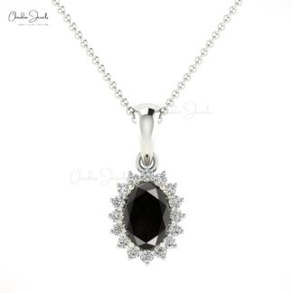 Elegant Black Diamond Dainty Halo Pendant 6x4mm Oval Cut Prong Set Bridal Pendant Genuine 14k Real Gold Hallmarked Jewelry For Gift
