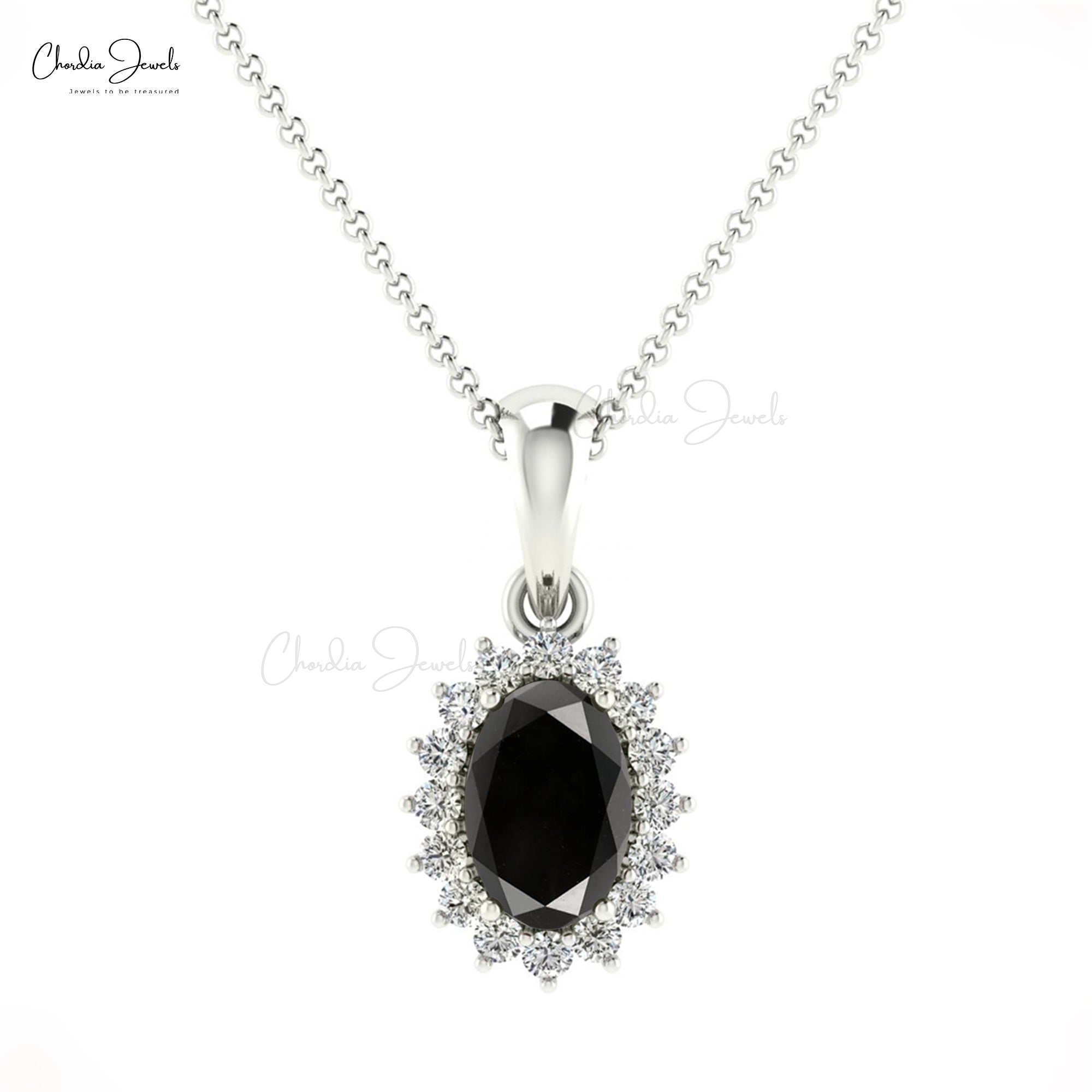 Elegant Black Diamond Dainty Halo Pendant 6x4mm Oval Cut Prong Set Bridal Pendant Genuine 14k Real Gold Hallmarked Jewelry For Gift