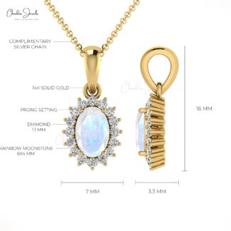 Real 14k Gold Oval Halo Pendant With 6x4mm Moonstone Diamond Minimalist Pendant