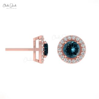 Solid 14k Gold Genuine London Blue Topaz Dainty Halo Earrings 0.11Ct Round Cut Certified Diamond Studs For Personalised Gift