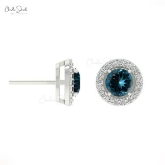 Solid 14k Gold Genuine London Blue Topaz Dainty Halo Earrings 0.11Ct Round Cut Certified Diamond Studs For Personalised Gift