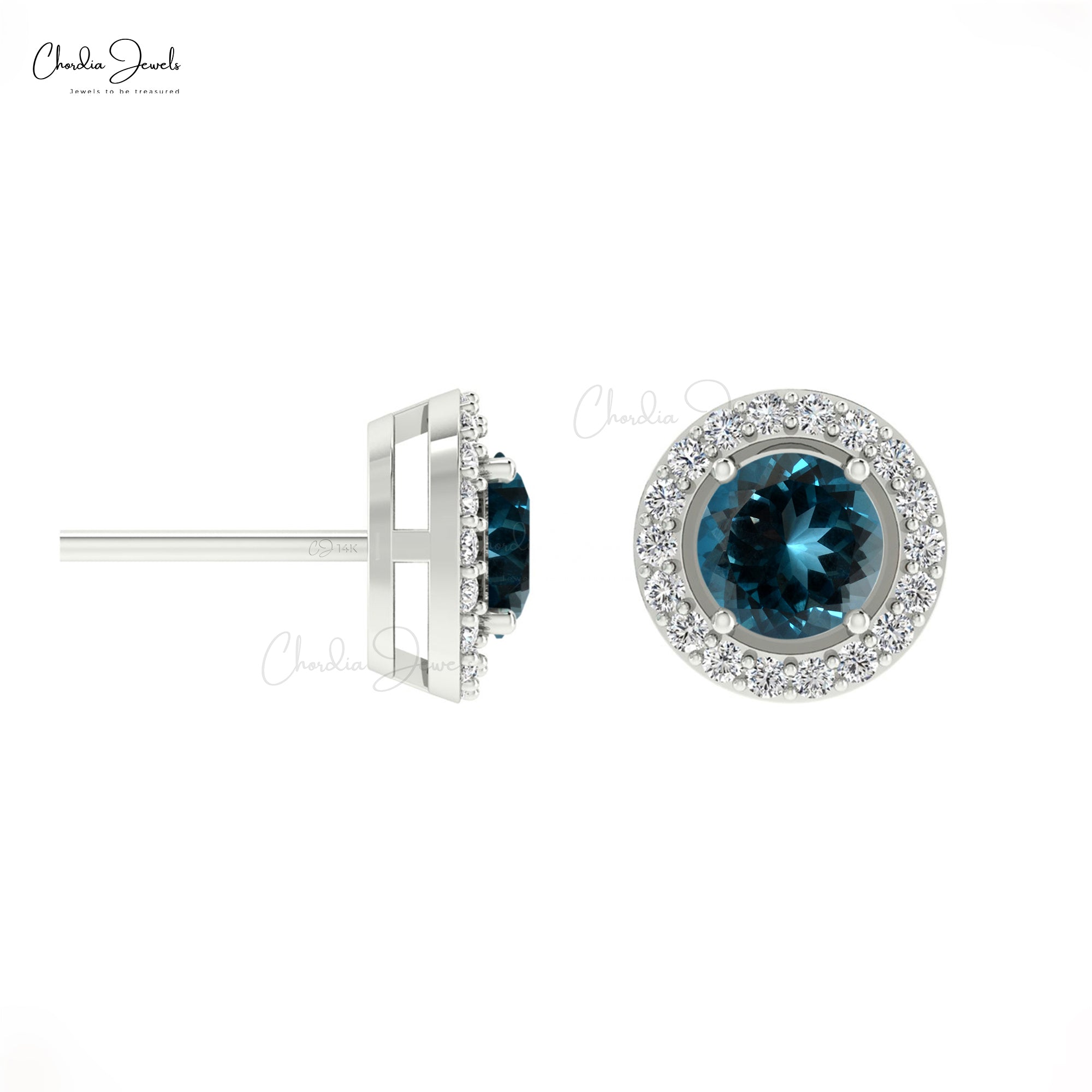 Solid 14k Gold Genuine London Blue Topaz Dainty Halo Earrings 0.11Ct Round Cut Certified Diamond Studs For Personalised Gift