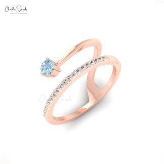 AAA Aquamarine Snake Style Ring With 3mm Gemstone And Diamond Dainty Rings In 14k Gold