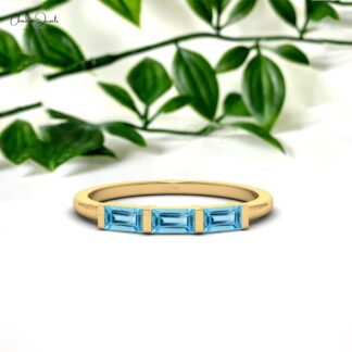 Trilogy Promise Ring With 0.24 Ct Swiss Blue Topaz 14k Real Gold 3 Stone Dainty Rings