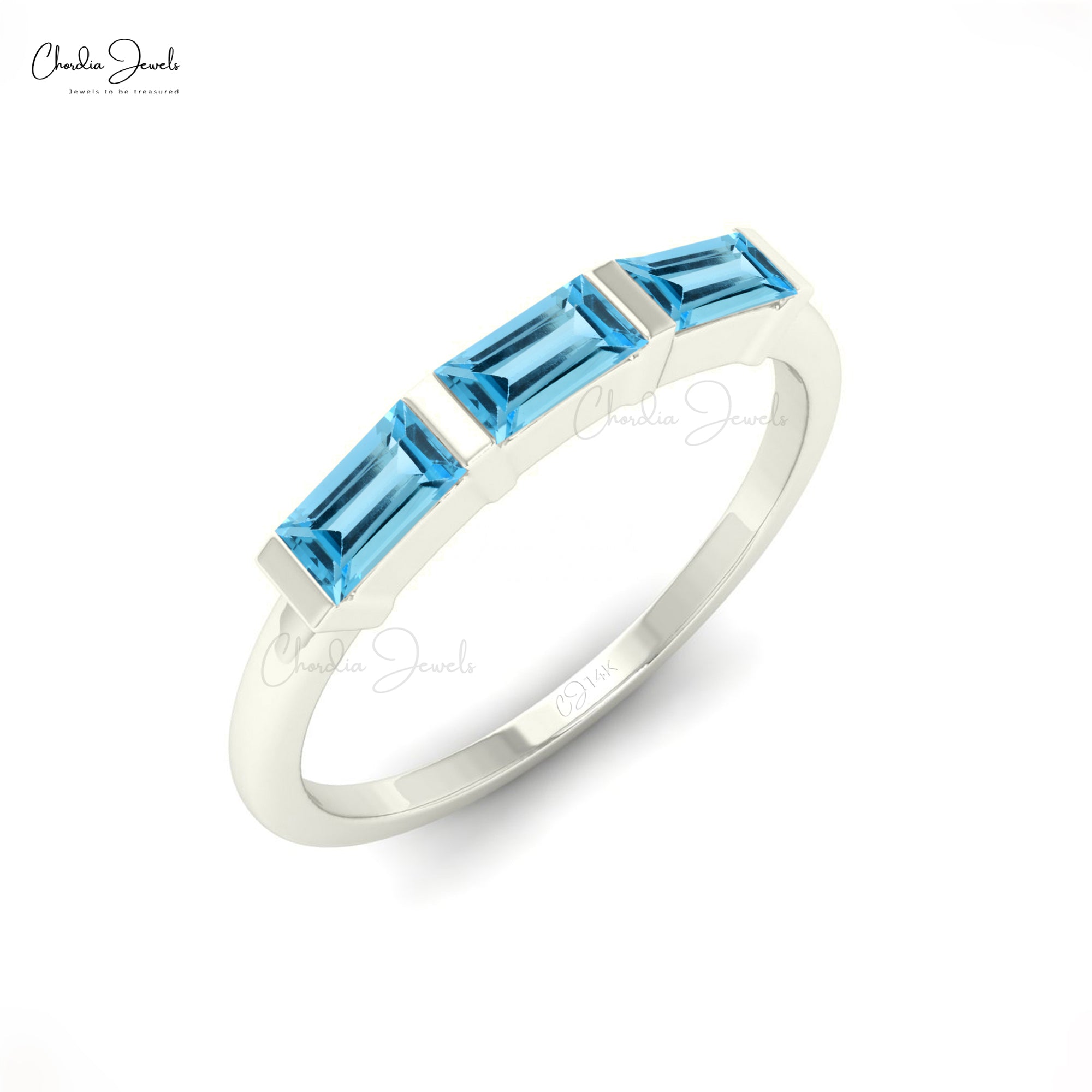 Trilogy Promise Ring With 0.24 Ct Swiss Blue Topaz 14k Real Gold 3 Stone Dainty Rings