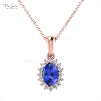 Luxury Women Simple Round Natural White Diamond Pendant Necklace December Birthstone Blue Tanzanite Pendant in 14k Pure Gold Gift For Wife