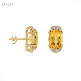 Genuine Citrine Pave Set Earrings 7x5mm Oval Gemstone Half Halo Studs 14k Real Gold Diamond Hallmarked Jewelry For Women’s