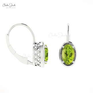 Real 14k Gold Natural Peridot Lever Back Earrings 7x5mm Oval Cut Gemstone Prong Set Handmade Earrings For Valentine's Day Gift
