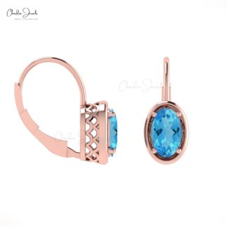 Genuine Swiss Blue Topaz Minimal Earrings 7x5mm Oval Gemstone Lever Back Earrings 14k Real Gold Antique Style Jewelry For Bridal