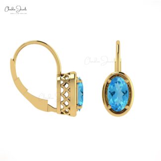 Genuine Swiss Blue Topaz Minimal Earrings 7x5mm Oval Gemstone Lever Back Earrings 14k Real Gold Antique Style Jewelry For Bridal