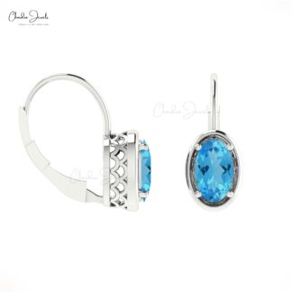 Genuine Swiss Blue Topaz Minimal Earrings 7x5mm Oval Gemstone Lever Back Earrings 14k Real Gold Antique Style Jewelry For Bridal