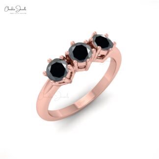 Round Trilogy Ring In 14k Solid Gold Black Diamond Stackable Wedding Rings For Her