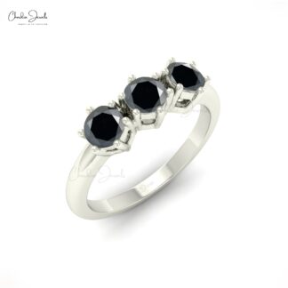 Round Trilogy Ring In 14k Solid Gold Black Diamond Stackable Wedding Rings For Her