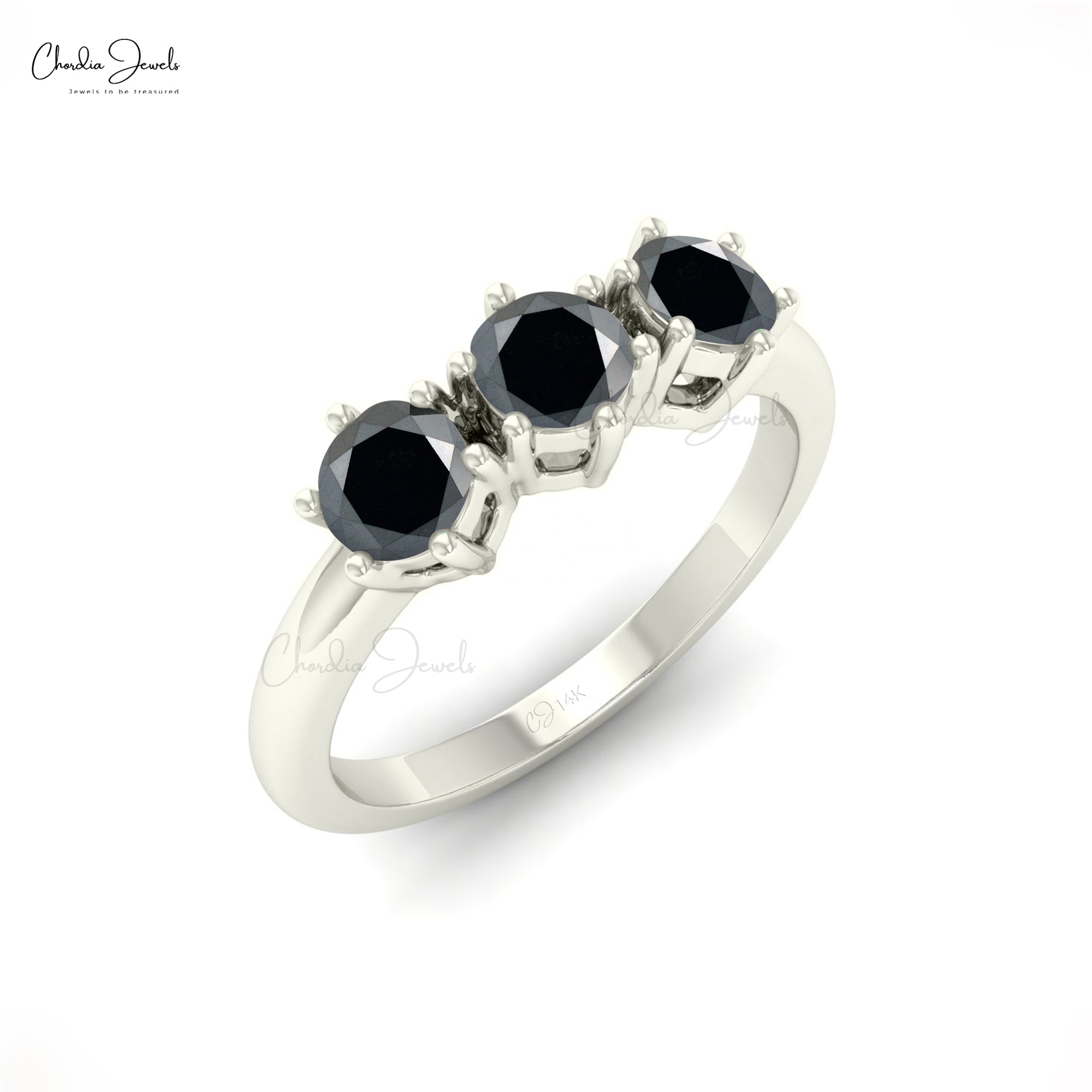 Round Trilogy Ring In 14k Solid Gold Black Diamond Stackable Wedding Rings For Her