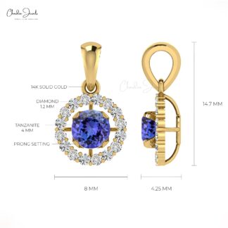 Elegant Ladies White Diamond Pendant Necklace 4mm Round Authentic Blue Tanzanite Halo Pendant in 14k Real Gold Minimalist Jewelry For Gift