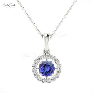 Prong set Tanzanite Diamond Halo Pendant with December birthstone