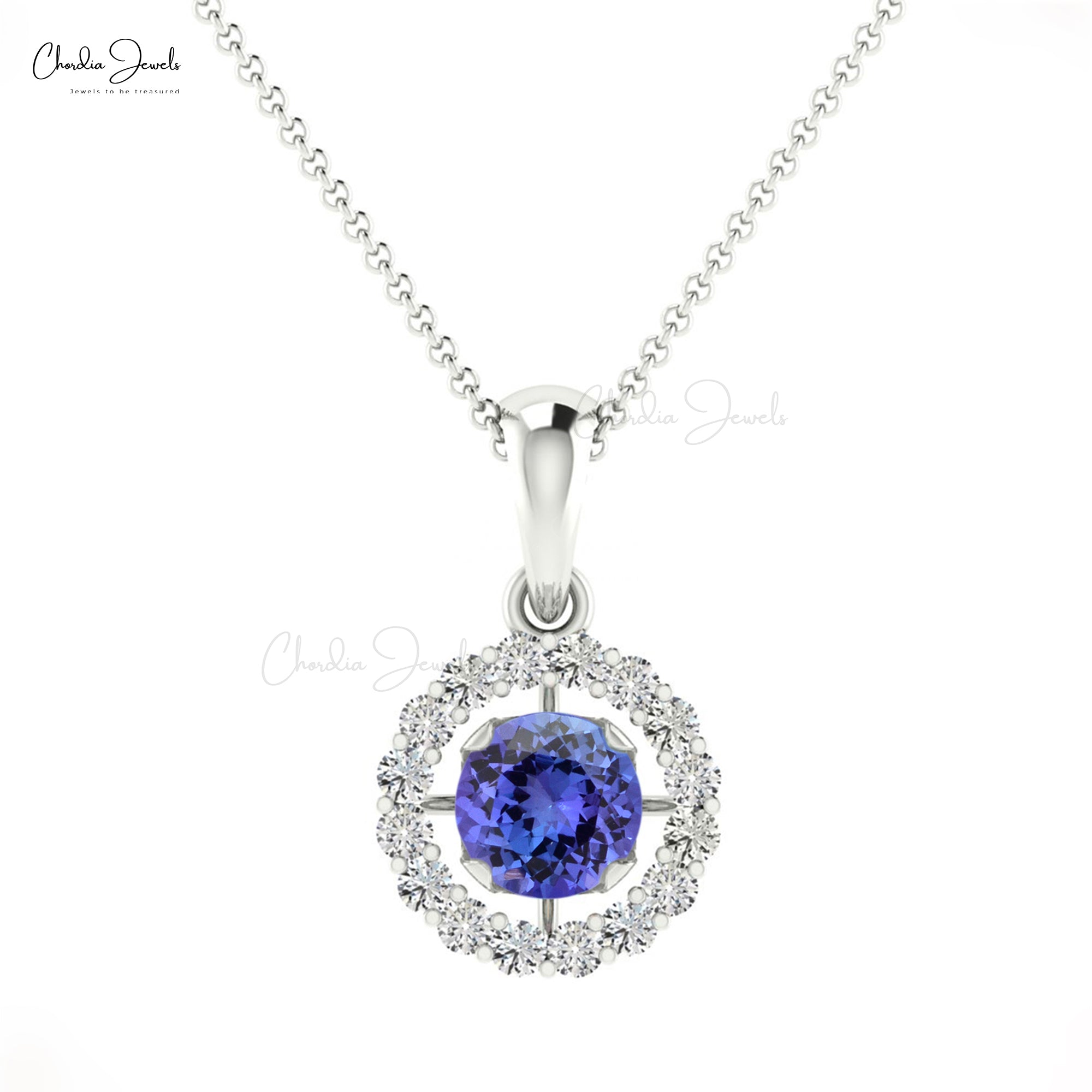 Prong set Tanzanite Diamond Halo Pendant with December birthstone