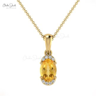 Half Halo Minimalist Pendant In 14k Solid Gold Citrine 7x5mm Gemstone Diamond Pendant