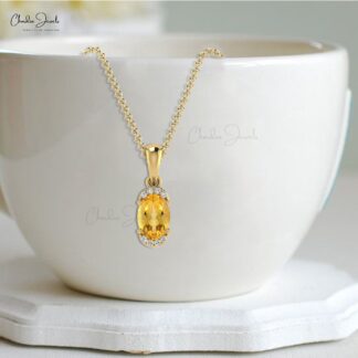 Half Halo Minimalist Pendant In 14k Solid Gold Citrine 7x5mm Gemstone Diamond Pendant