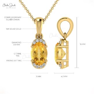Half Halo Minimalist Pendant In 14k Solid Gold Citrine 7x5mm Gemstone Diamond Pendant