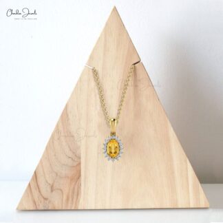 Oval Gemstone Dangle Charm in 14k Real Gold Citrine And Diamond Halo Pendant For Her