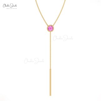Brilliant Cut Y Drop Necklace With 3.5mm Pink Sapphire Bezel Set In 14k Real Gold Jewelry