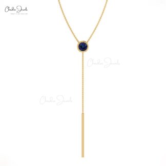 Real 14k Gold Long Y-Drop Necklace Genuine 0.23ct Blue Sapphire Lariat Chain Necklace