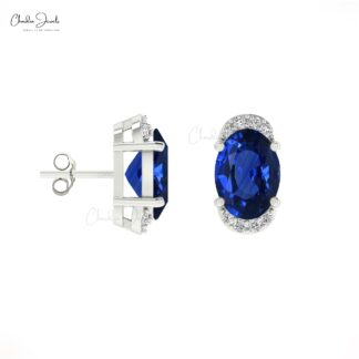 Natural Blue Sapphire Half Halo Studs 0.94Ct Oval Gemstone Handmade Earrings 14k Real Gold Certified Diamond Studs Jewelry For Gift