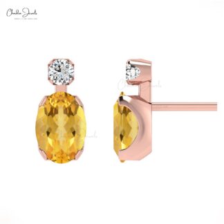 Yellow Citrine Dainty Earrings 7x5mm Oval Gemstone Handmade Earrings Genuine 14k Real Gold Diamond Earrings For Graduation Gift