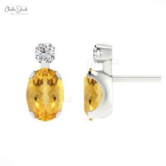 Yellow Citrine Dainty Earrings 7x5mm Oval Gemstone Handmade Earrings Genuine 14k Real Gold Diamond Earrings For Graduation Gift