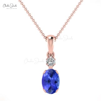 Classic Blue Tanzanite and Diamond Accented Dainty Pendant in 14k Real Gold Oval Gemstone Minimalist Pendant For Fiance Gift