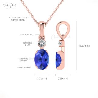 Classic Blue Tanzanite and Diamond Accented Dainty Pendant in 14k Real Gold Oval Gemstone Minimalist Pendant For Fiance Gift
