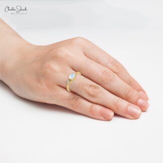 Pear Rainbow Moonstone Ring With White Diamond Accents In Real 14k Gold 2 Stone Ring