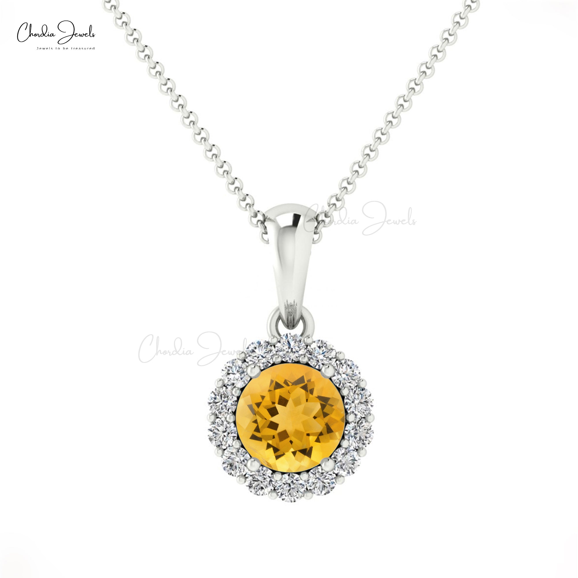 Real 14k Gold Gemstone Dangle Pendant With 4mm Round Citrine Halo Diamond Bridal Necklace