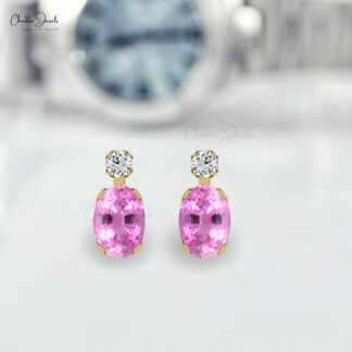 Iconic Pink Sapphire Minimal Earrings 7x5mm Oval Gemstone Fine Jewelry Genuine 14k Real Gold Diamond Earrings For Her