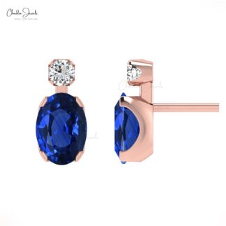 Natural Blue Sapphire 7x5mm Oval Gemstone Earrings Genuine 14k Real Gold Dainty Diamond Earrings For Graduation Gift