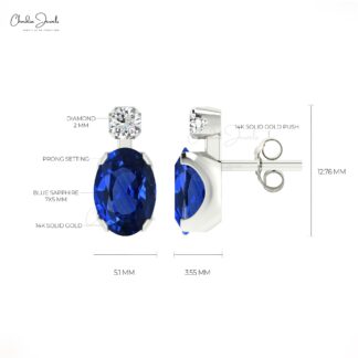 Natural Blue Sapphire 7x5mm Oval Gemstone Earrings Genuine 14k Real Gold Dainty Diamond Earrings For Graduation Gift