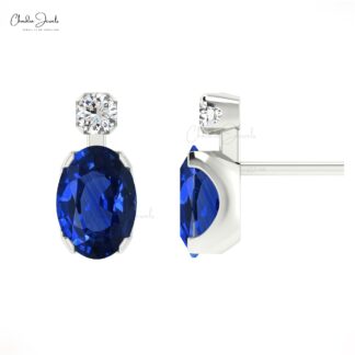 Natural Blue Sapphire 7x5mm Oval Gemstone Earrings Genuine 14k Real Gold Dainty Diamond Earrings For Graduation Gift