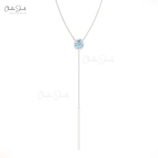 Single Stone Lariat Necklace With 3.5mm Aquamarine Bezel Set In 14k Real Gold Necklaces