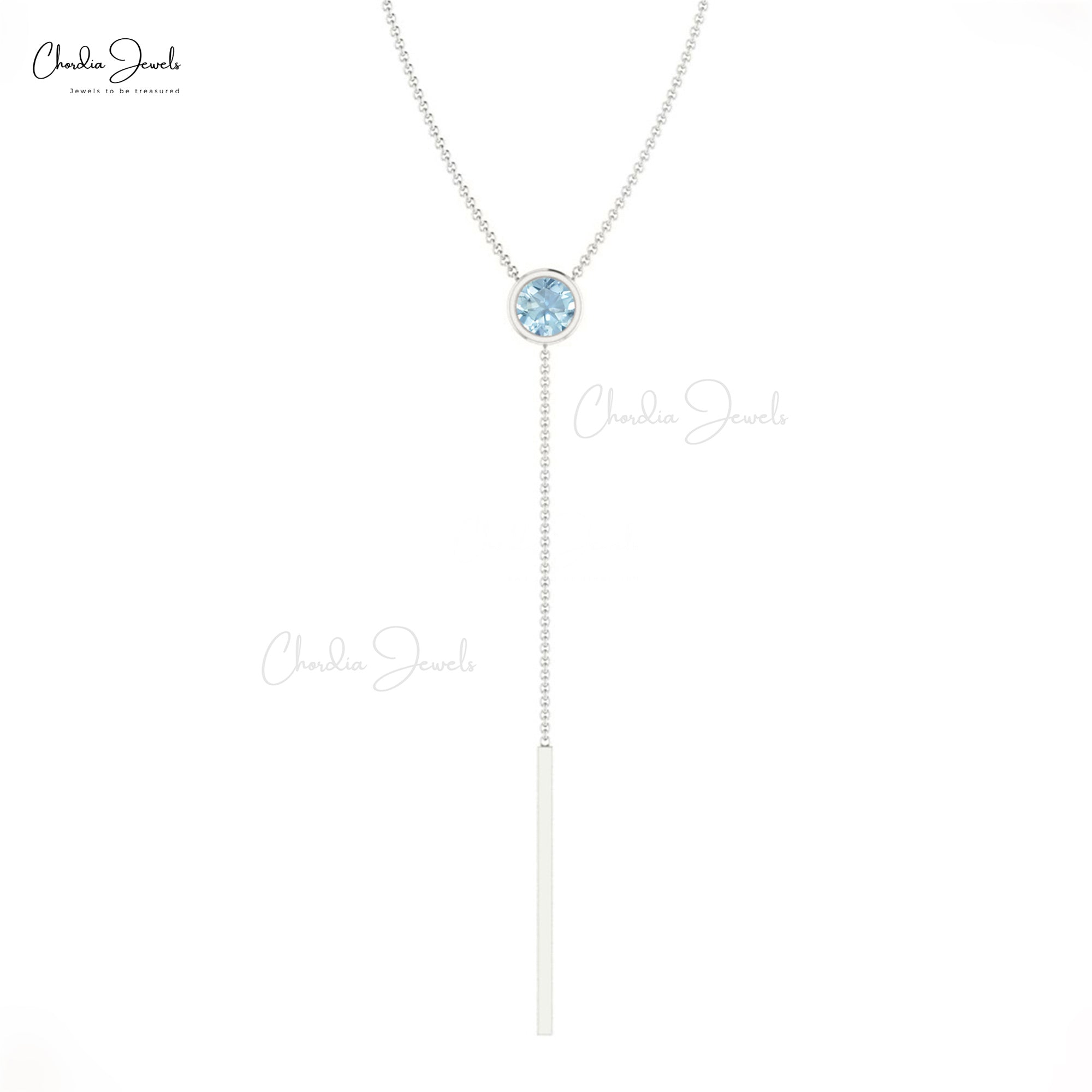 Single Stone Lariat Necklace With 3.5mm Aquamarine Bezel Set In 14k Real Gold Necklaces