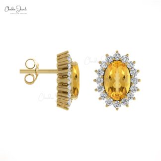 Real 14k Gold Genuine Citrine Earrings 0.84Ct Oval Gemstone Halo Diamond Earrings Handmade Personalized Gift For Women