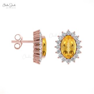 Real 14k Gold Genuine Citrine Earrings 0.84Ct Oval Gemstone Halo Diamond Earrings Handmade Personalized Gift For Women