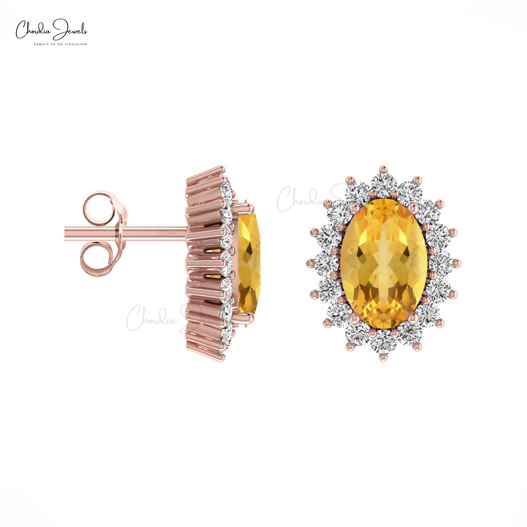 Real 14k Gold Genuine Citrine Earrings 0.84Ct Oval Gemstone Halo Diamond Earrings Handmade Personalized Gift For Women
