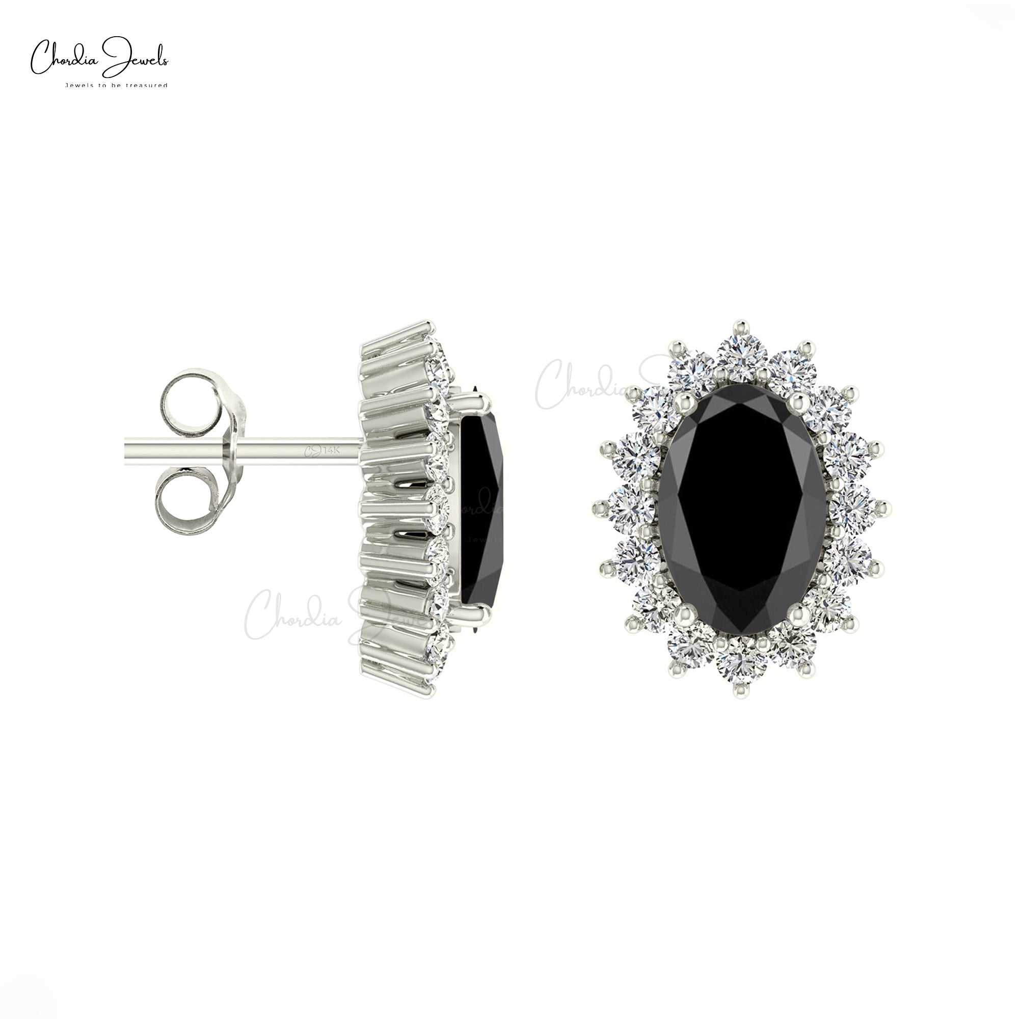 Natural Black Diamond Halo Earrings For Her 14k Real Gold White Diamond Earrings 6x4mm Oval Cut Gemstone Wedding Gift Earrings