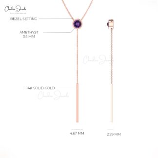 Genuine 0.15ct Amethyst Drop Chain Necklace 14k Solid Gold Bezel Set Lariat Necklace