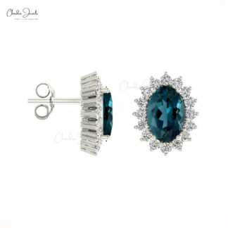 AAA London Blue Topaz Earrings 1.08Ct Oval Shape Natural Gemstone Summer Jewelry 14k Real Gold Hallmarked Earrings For Her