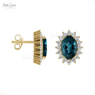 AAA London Blue Topaz Earrings 1.08Ct Oval Shape Natural Gemstone Summer Jewelry 14k Real Gold Hallmarked Earrings For Her