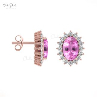 Iconic Pink Sapphire Dainty Earrings 6x4mm Oval Gemstone Minimalist Earrings Genuine 14k Real Gold Diamond Halo Earrings For Graduation Gift